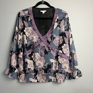 Cato‎ Floral Blouse Womens XL Purple Blue Black Long Sleeve Smocked Waist
